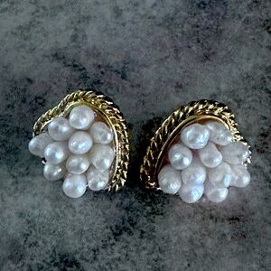 Gold and White Pearl Cluster Earrings